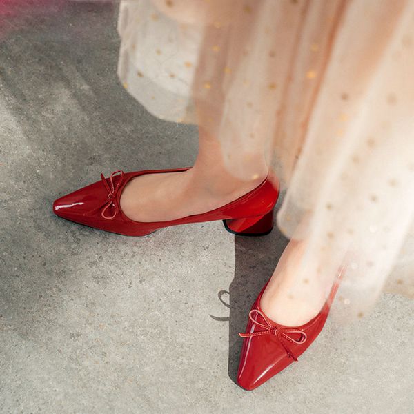 

2019 women pumps square med heel patent leather pointed toe butterfly-knot slip on elegant ladies shoes spring size 34-43, Black