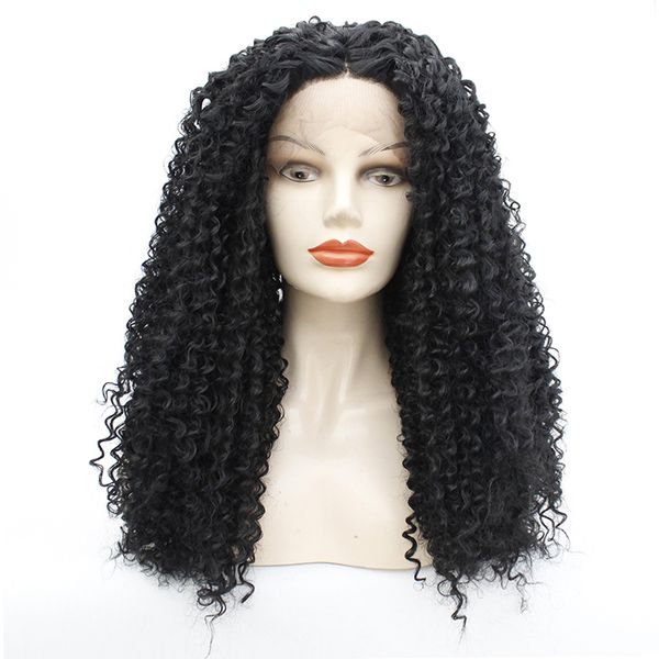 

180% density 1b# long kinky curly glueless high temperature fiber hair synthetic lace front wigs natural hairline, Black