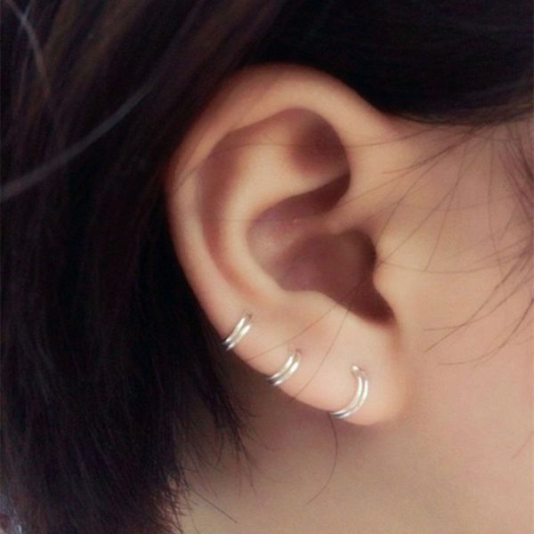 

pure 925 sterling silver earrings small plain double circles cartilage helix earrings 6mm 8mm 10mm for women men kids girls boys, Golden;silver