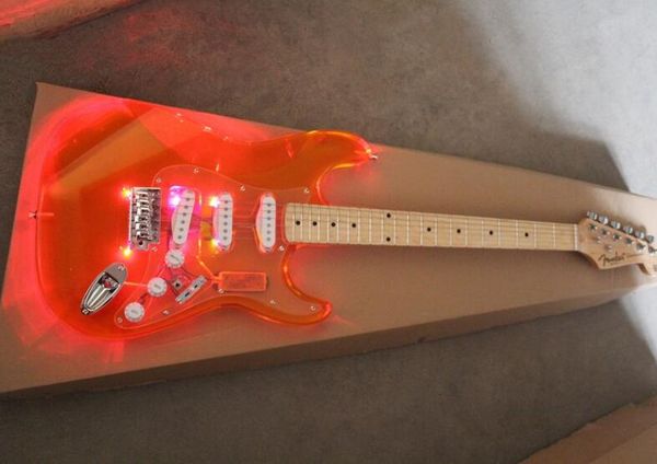 

st plexiglas acrylic orange electric guitar body colorful lights, ing