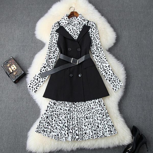 

2019 fall autumn long sleeve leopard print lapel neck pleated midi dress + black belted vest casual fashion two piece sets s1510t10129, Black;gray