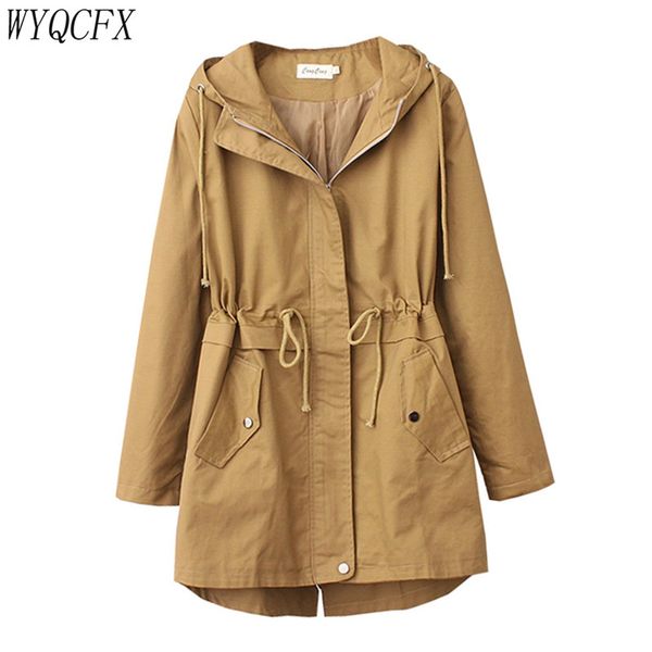 

plus size 4xl trench coat women korean fashion adjustable waist outwear 2019 spring autumn lady casual loose hooded windbreaker, Tan;black