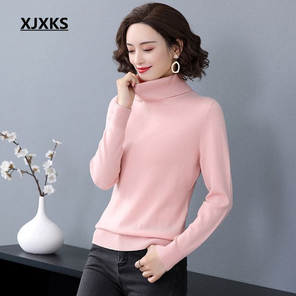 

xjxks high-end 100% wool women turtleneck sweater new 2019 winter warm thickening comfortable knitted sweater women pullover, White;black