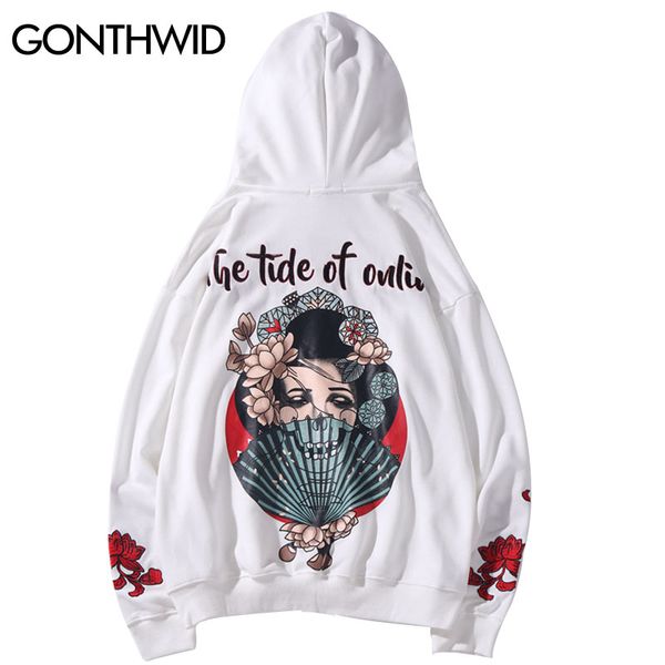 

gonthwid embroidered flowers skull girl print hooded sweatshirts harajuku pullover hoodies streetwear mens hip hop fashion, Black