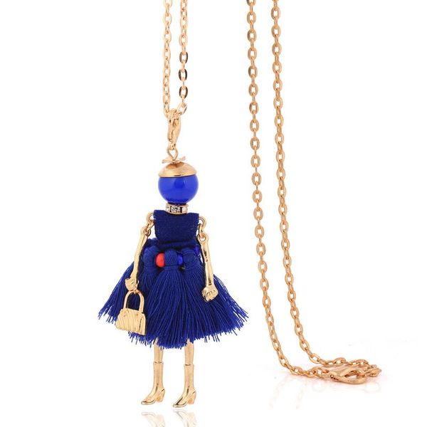 

french doll vintage necklace dress tassel long necklace women blue chains pendant girl fashion jewelry cute ladies big choker, Silver