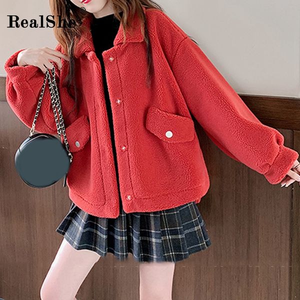 

realshe lamb coats and jackets women turn-down collar full sleeve pockets solid women jacket 2020 spring casual wool coat, Black