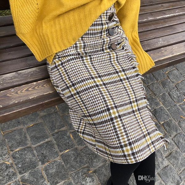 

yj женщины высокая талия средней длины юбка осень плед, Black