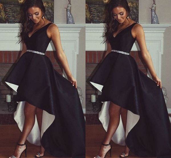 

black and white hi lo prom party dresses v-neck cap sleeve beaded sashes special occasion dress women evening gowns prom gown