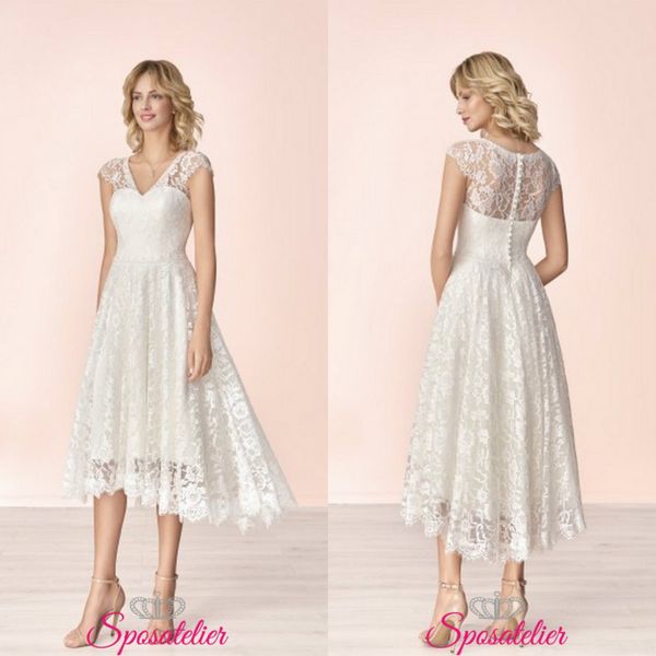 

2020 short wedding dresses v neck lace appliques high low bridal gowns robes de mariÃ©e tea length cap sleeve garden wedding dress, White