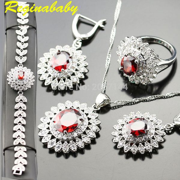 

jewelry set for women 925 logo silver color bracelet/rings/earrings/necklace/pendant red created garnet white zircon set, Slivery;golden
