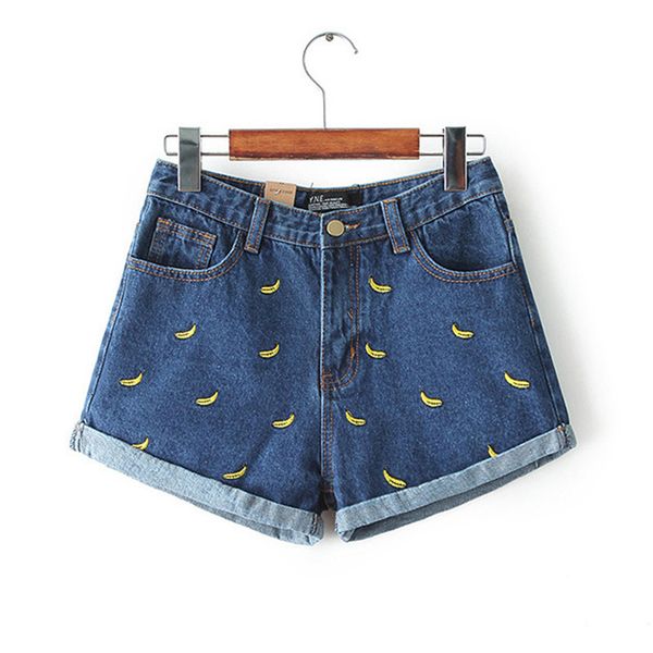 

plus size woman shorts fashion women korean summer banana flower mid embroidery cotton curling casual female waist denim shorts, White;black