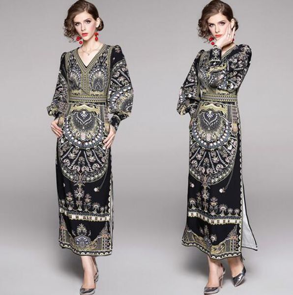 

new v-neck long sleeve retro print slim long dress, Black;gray