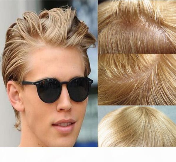 

613# blonde color mens toupee full thin skin toupee human hair replacement for men virgin european human hair pieces, Black