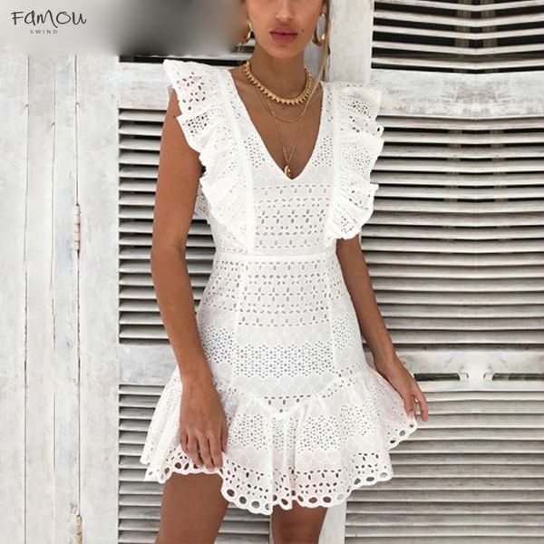 

Ruffle V Neck Elegant Cotton White Women Dress High Waist Summer Dress Vintage Casual Short Party Dresses