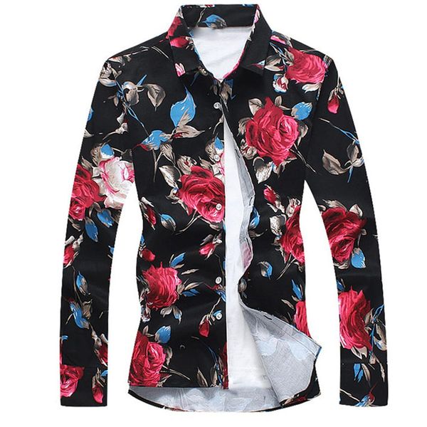 

plus size men's flower print shirt turn down collar long sleeve top, White;black