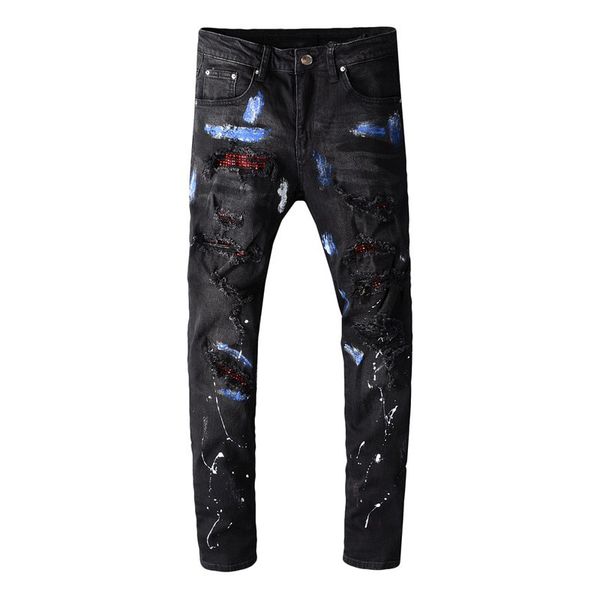

moruancle men fashion hi street destroyed jeans pants with holes designer painted ripped denim trousers streetwear size 28-40, Blue
