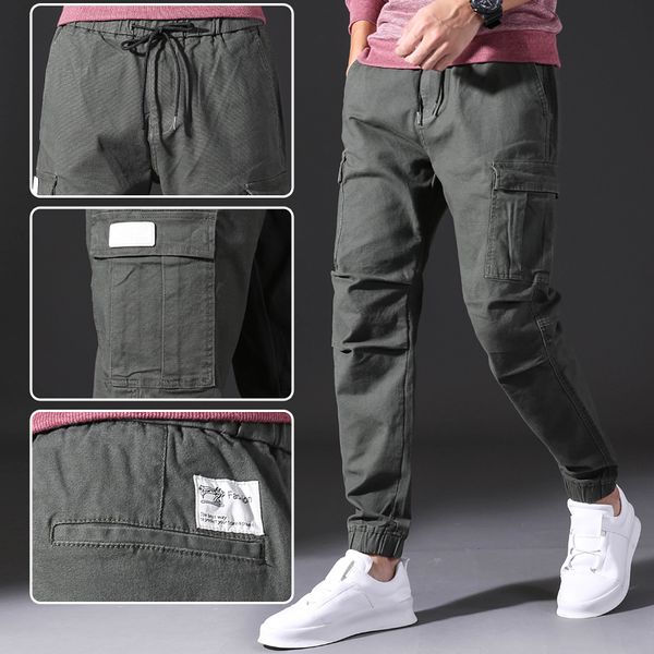 

new 2019 new listing men's spring and autumn loose casual pants multi-pocket pants men's army green casual, Black
