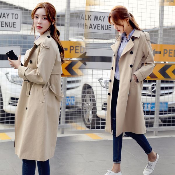 

women's trench coats loose over the knee-length coat a004, Tan;black