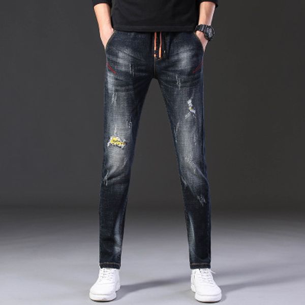 

2020 designer new men's slim elastic leggings young people's fashion lace up jeans men's straight tube jeans pants, Blue
