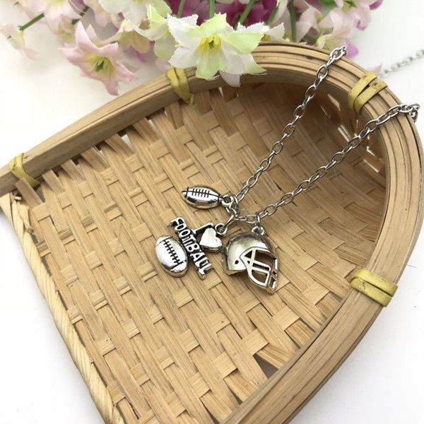 

zinc alloy ancient silver i love football helmet charm pendant 45cm cross chain necklace couple good luck jewelry valentine's day prese