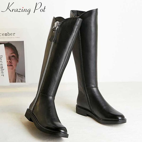 

krazing pot 2019 new arrival genuine leather low heels zipper winter round toe keep warm riding knee high boots l31, Black