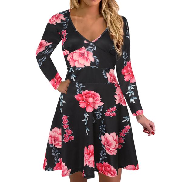 

women fashion v-neck floral print dress long sleeve party mini dresses cocktail beach evening dress, Blue;gray