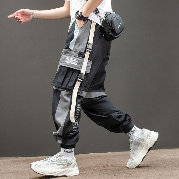 

2020 men multi buckle ribbons pockets joggers cargo harem pants streetwear hip hop casual sweatpants male pants, Black