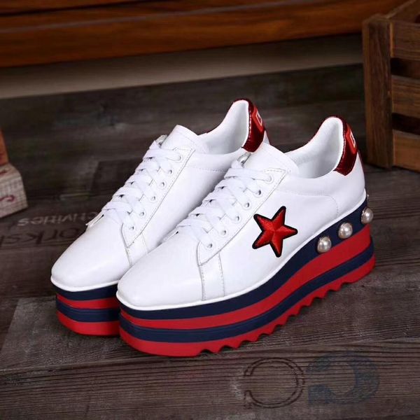 

square leather pentagram thick sole casual shoes heighten muffin sole with pearl lace casual women shoes layer cowhide british, Black
