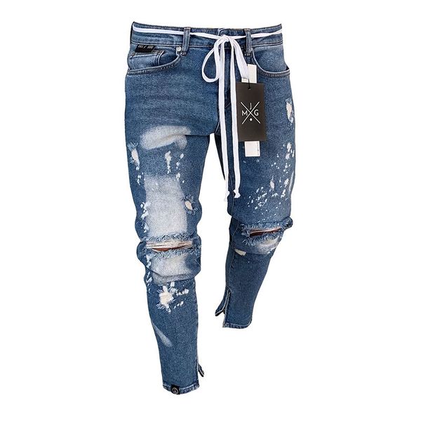 

mens designer jeans fashoin slim fit holes ripper zipper designer pencil pants street style mens clothing, Blue