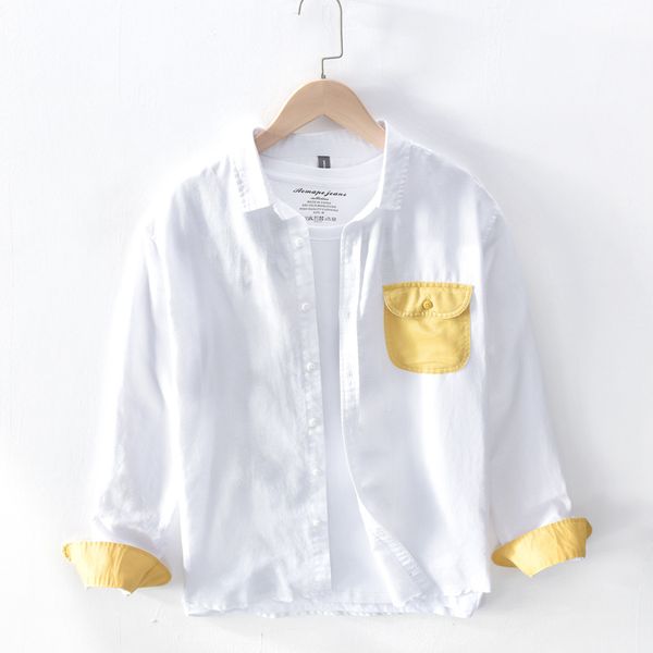 

men's casual shirts cotton linen man patchwork shirt 2021 summer male turn-down collar breathable clothing y2926, White;black
