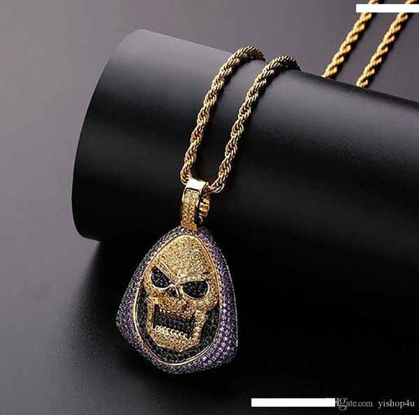 

14k iced out skull skellington horror pendant necklace bling micro pave cubic zirconia simulated diamonds 24inch rope chain, Silver