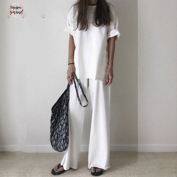 

casual t shirt shirts mid women two piece set short sleeve loose t trouser high waist wide leg pants suits, White