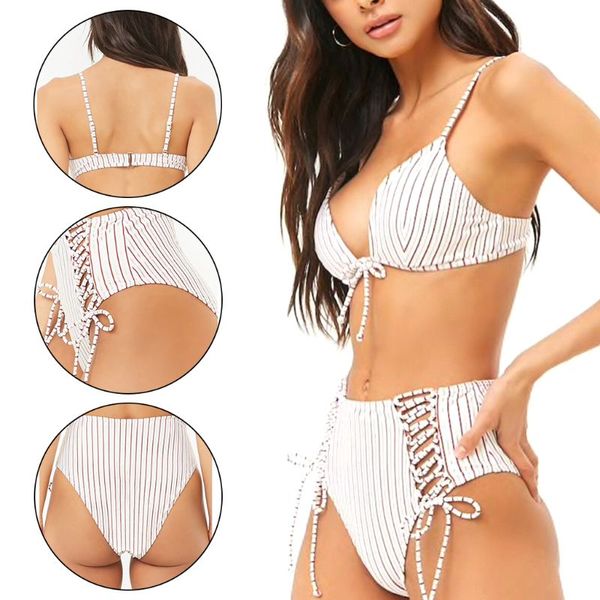 

women two piece bikini set deep v-neck bowknot bra high waist criss cross drawstring thong contrast color vertical stripes, White;black