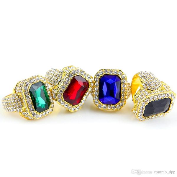 

men's large ruby sapphire rings white rhinestones 5 colors gem stone gold rings for women&ladies hip hop jewelry, Golden;silver