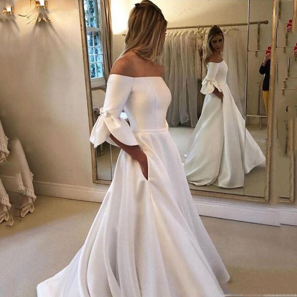 

half long sleeves off shoulder wedding dresses 2020 with sash sweep train satin a line wedding bridal gowns, White