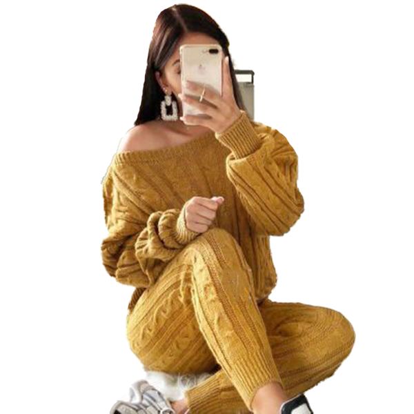 

fashion pullover casual knit sweater women elegant jumpers ladies tricot women 2 pieces set femme lantern sleeve slash neck, White
