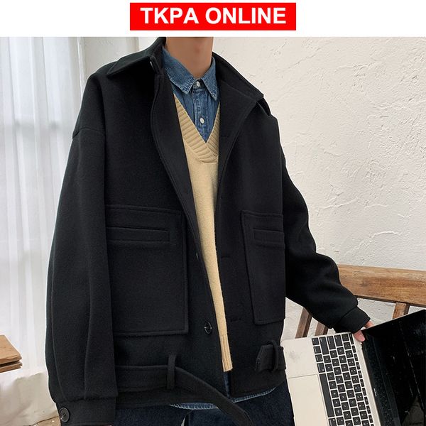 

мужчины корейской моды пальто зимы 2020 шерстяное пальто мужской черный harajuku шинель пара black wool дизайнер одежды осень