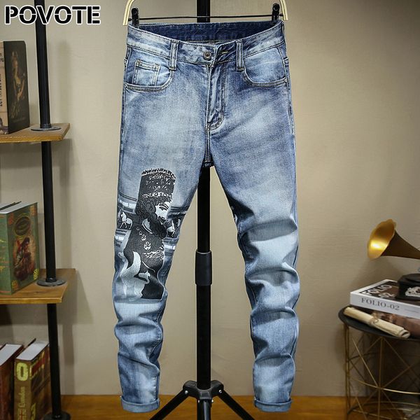 

povote бренда джинсы ретро ностальгических прямые брюки шаблон характер мужской рваные джинсы дизайн мотоцикла тенденции, Blue