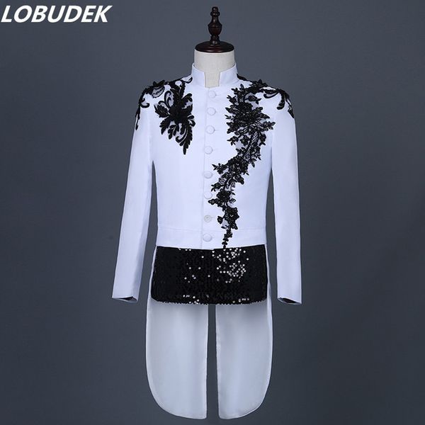 

plus size formal men embroidery swallowtail stand collar chinese style slim tailcoat singer chorus host costume white/red/black, White;black