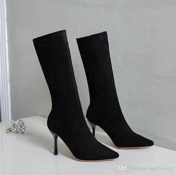 

europe and the united states autumn and winter women boots new knitted elastic boots pointed high-heeled wild boots stiletto stovepipe sock, Black
