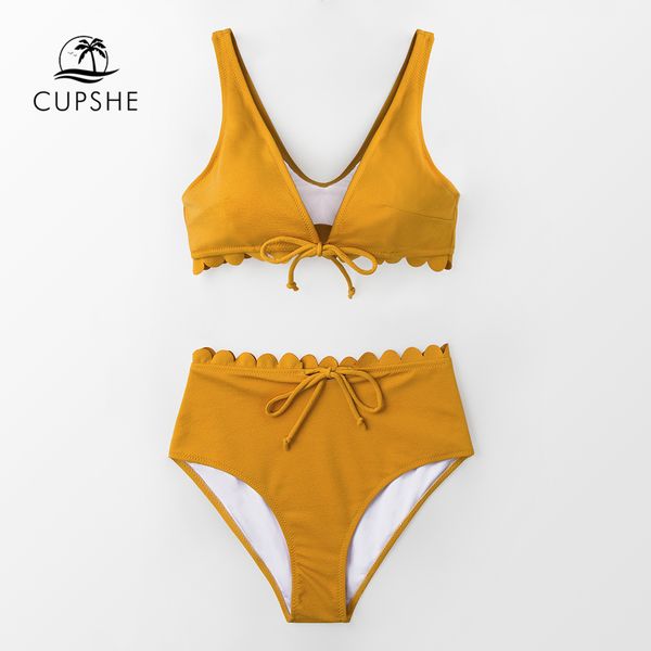 

cupshe sexy желтый tie-front scalloped бикини наборы женщины высокой талией твердотопливные два кусочка купальники 2020 девочка пляж купальн, White;black