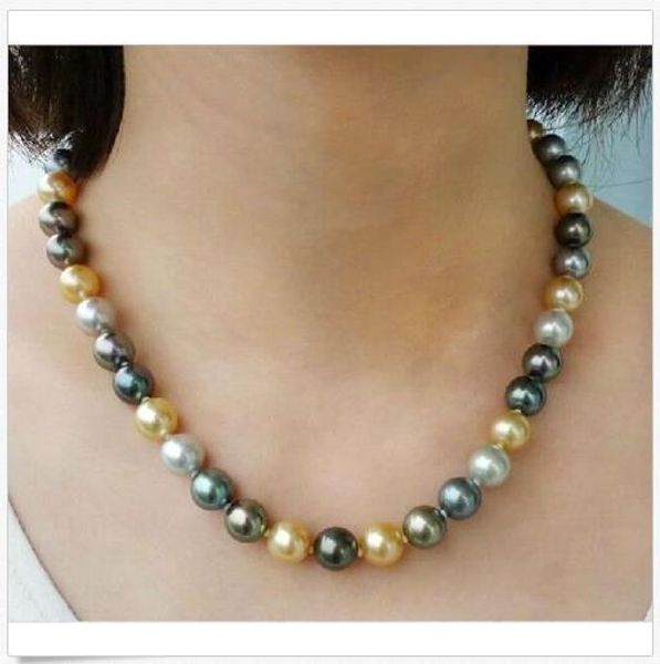 

18" 9-10 mm south sea natural round multicolor pearl necklace 14k solid gold, Silver