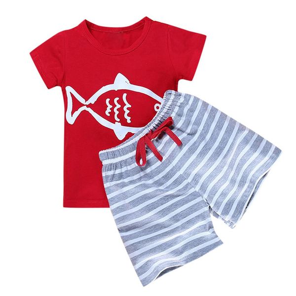 

2019 new fashion style toddler kids baby boys short sleeve cartoon striped t shirt 2pcs pants set 5.28, White