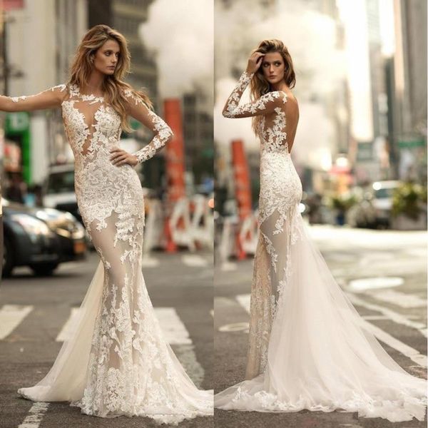 

2020 berta v back sheer long sleeve vintage lace court train wedding dresses mermaid bridal gowns ba4688