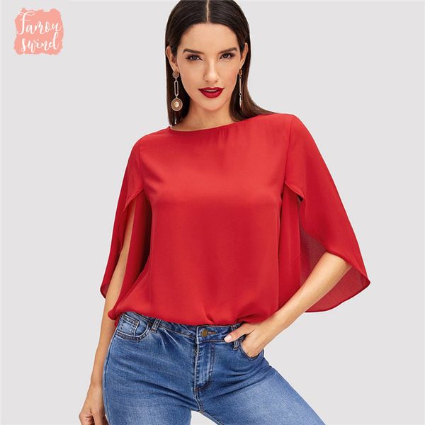 

красная блузка элегантный офис леди бабочка рукавом осень обрезка o шеи твердая split современных женщин топы и блузки, White