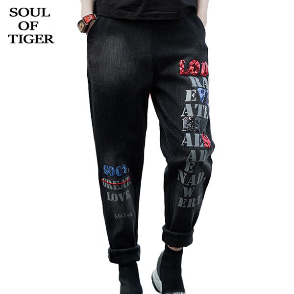 

soul of tiger 2019 fashion korean designer ladies luxury sequins jeans women fur warm denim trousers printed elastic harem pants, Blue