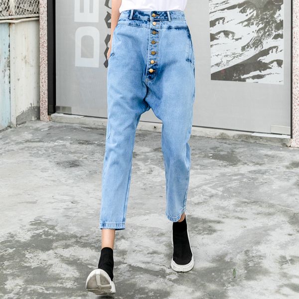 

plus size jeans women harem pants 2019 england style individuality single breasted vintage high wasit jeans denim cropped pants, Blue