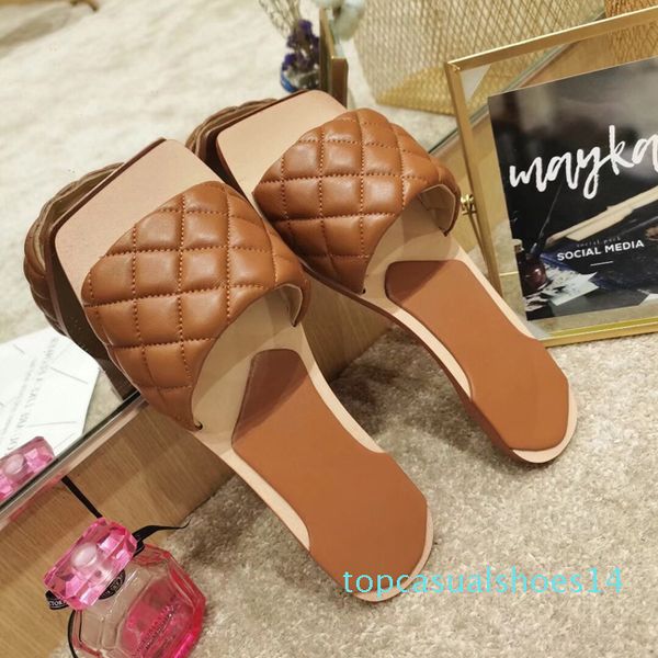 

2020 summer 10 color the latest leather slippers luxury matte leather checked women shoes open-toed women flat heel sandals beach shoes t14, Black