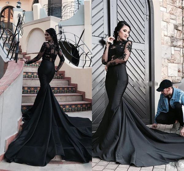 

black mermaid evening dresses jewel neck lace long sleeves satin prom dresses formal dress evening gowns robe vestidos de fiesta, Black;red