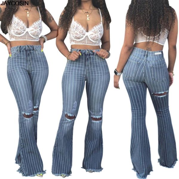 

jaycosin jeans women lady fashion stripe hole wide leg pants boot cut pant jean trousers 2020 new jean femme ropa mujer, Blue